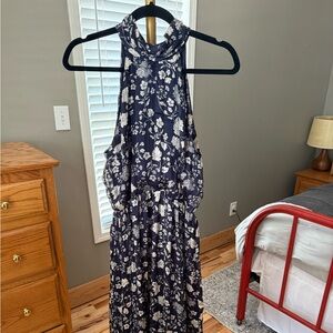 Lulu's Brunch Bound Navy Blue Floral Print Halter Midi Dress Sz M